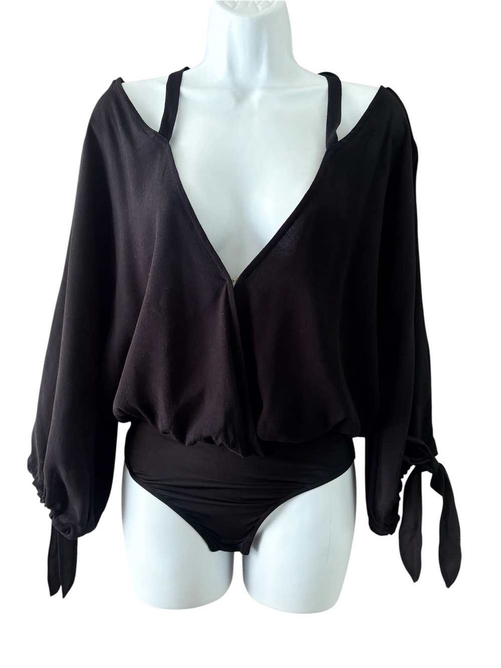 For Love And Lemons Black Deep V-Neck Cross-Back Long Sleeve Bodysuit
